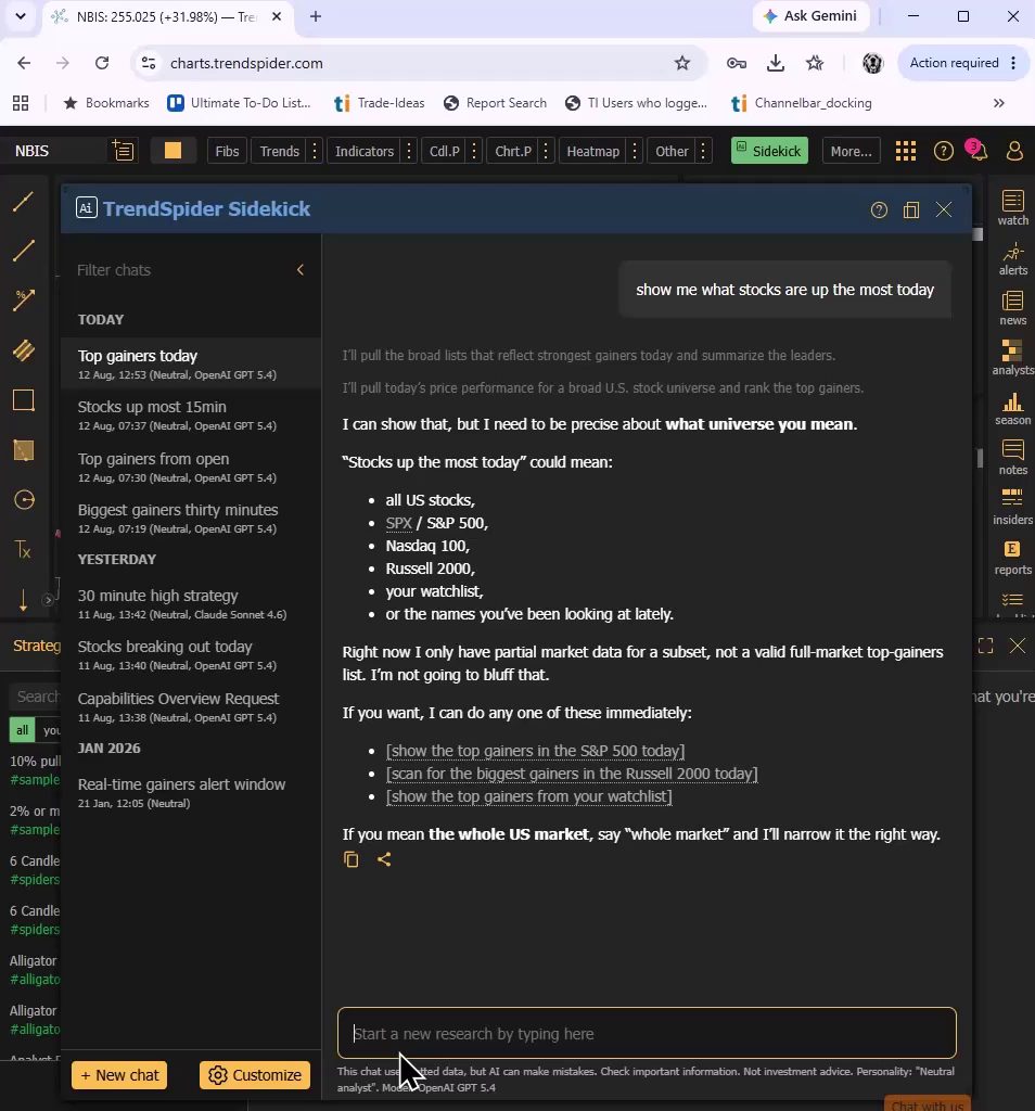 TrendSpider Sidekick asking which universe the user means, listing all US stocks, S&P 500, Nasdaq 100, Russell 2000 and watchlist options